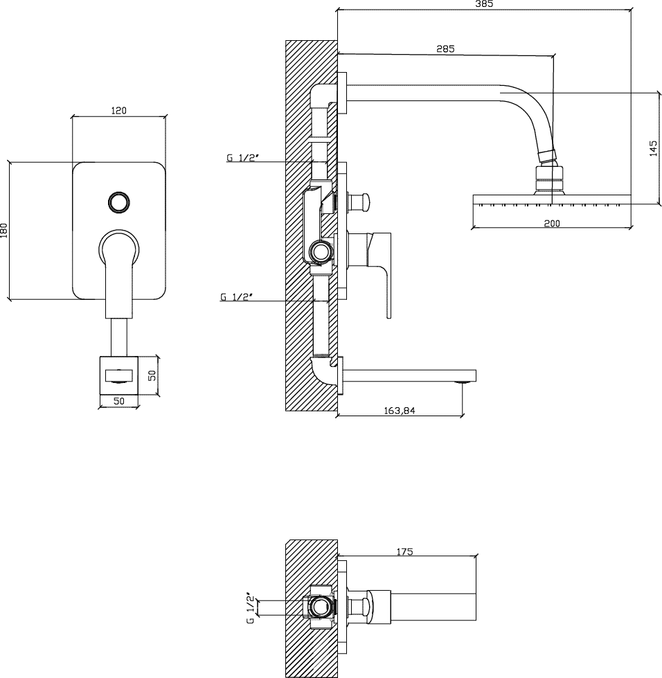 Diseño técnico - Ducha embutida con transferencia Mare
