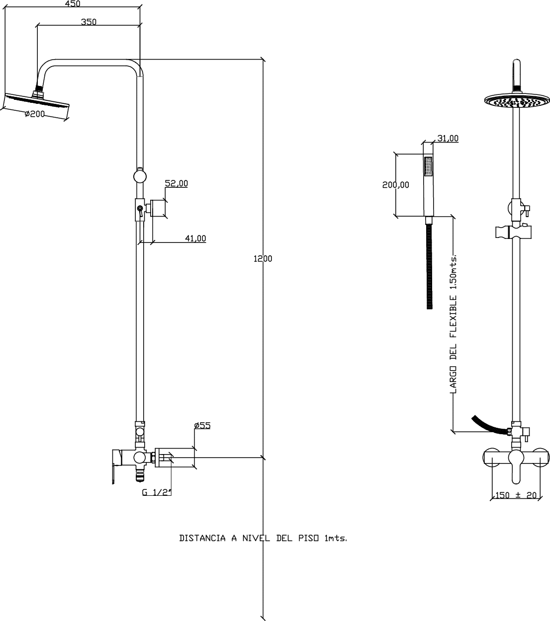 Diseño técnico - Ducha exterior de 3 vías Aluminé