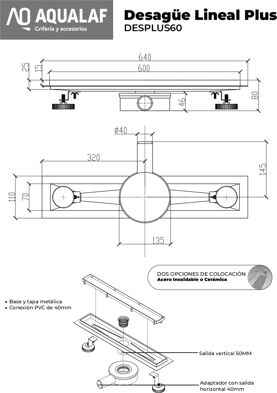 Diseño técnico - Desagüe rejilla lineal 60cm
