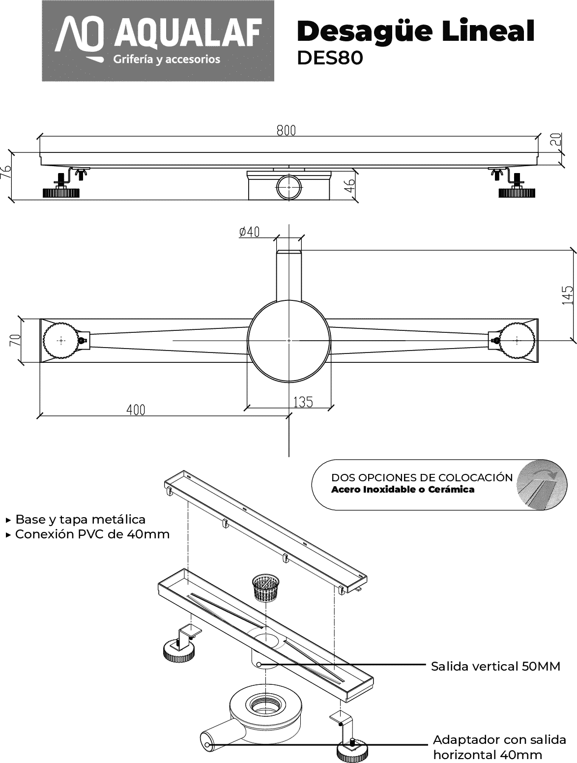 Diseño técnico - Desagüe rejilla lineal 80cm
