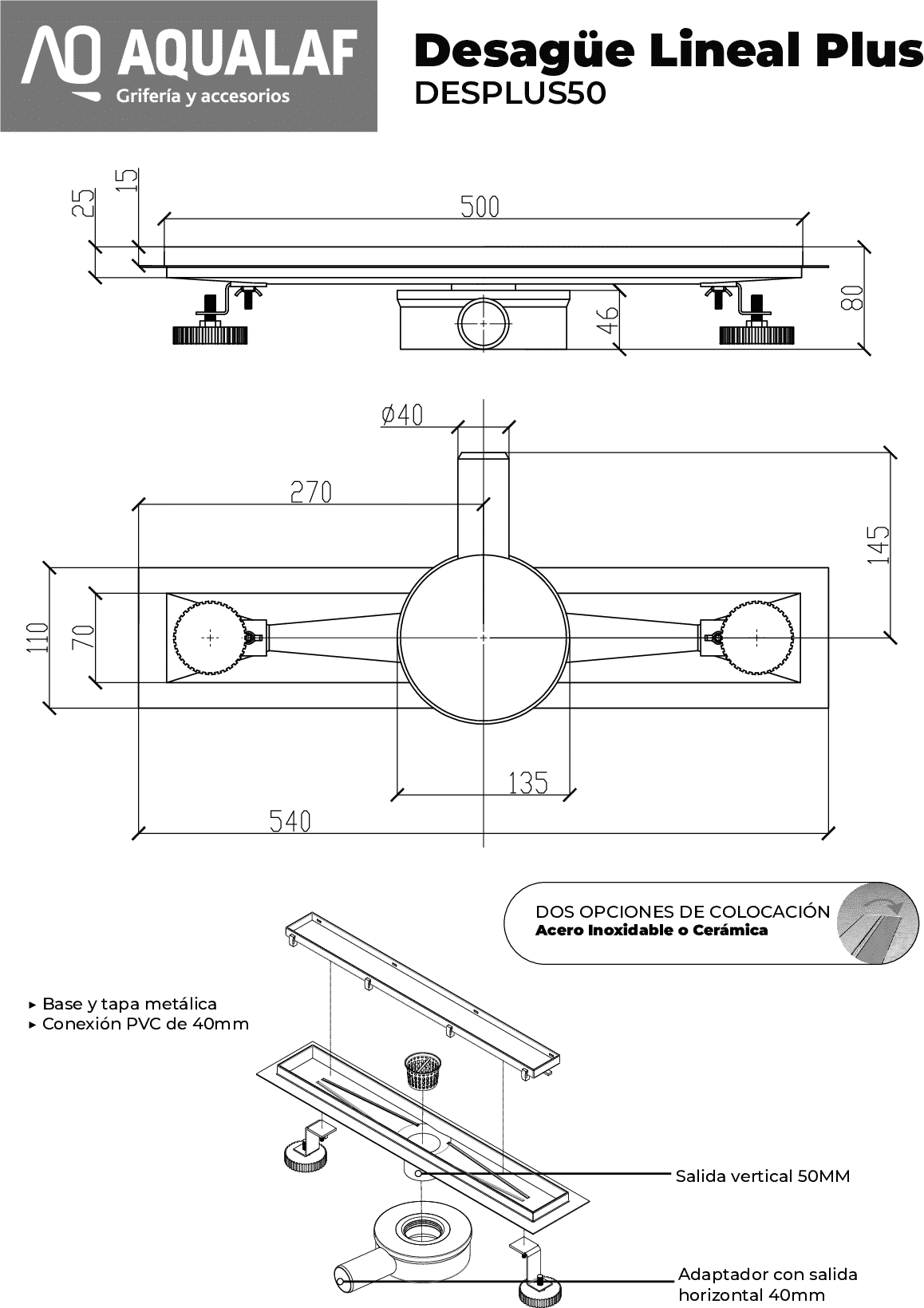 Diseño técnico - Desagüe Rejilla Lineal Plus 50CM