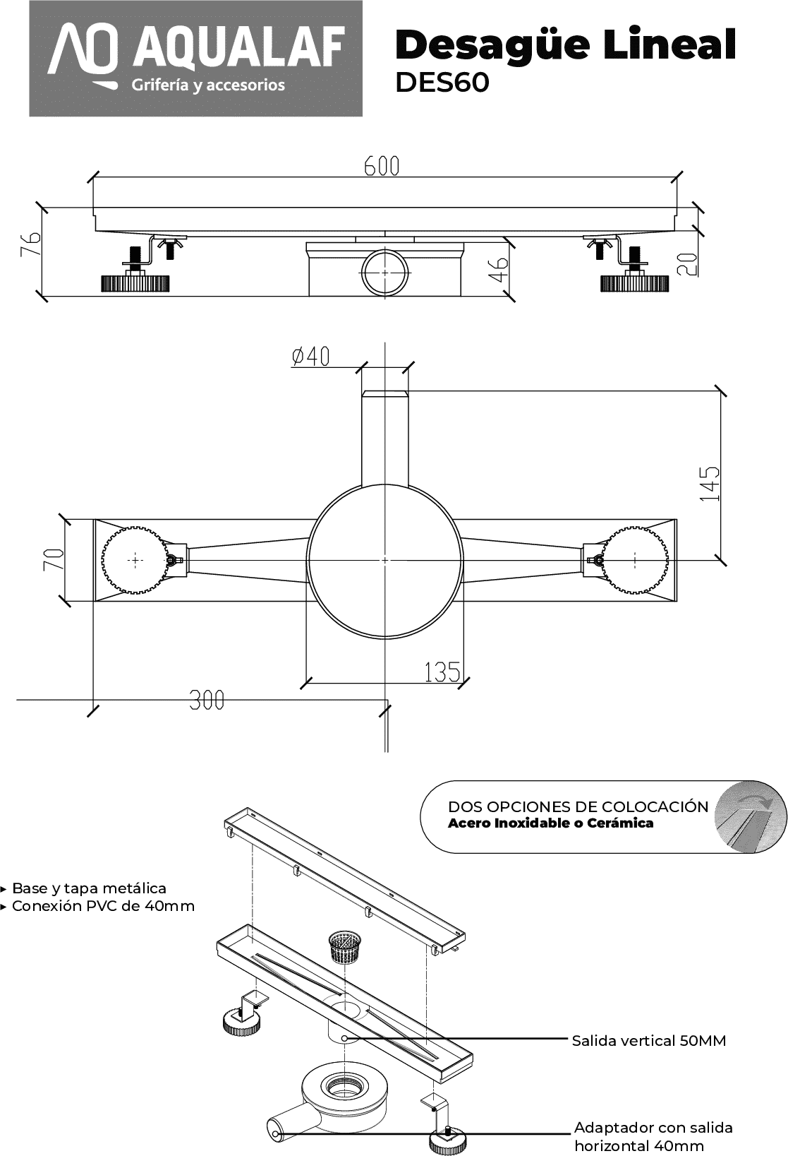 Diseño técnico - Desagüe Rejilla Lineal Plus 60CM