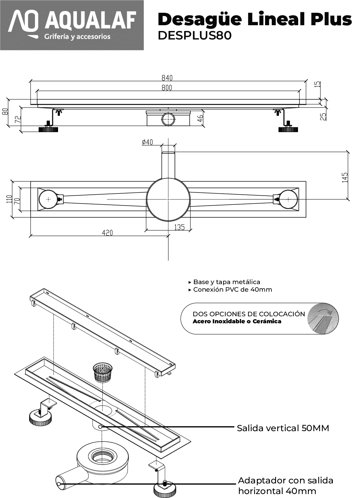 Diseño técnico - Desagüe Rejilla Lineal Plus 80CM