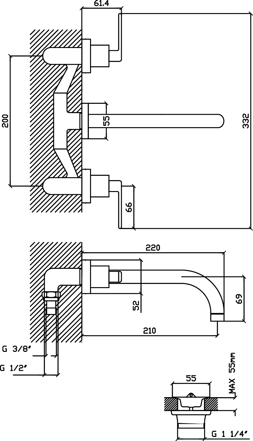 Diseño técnico - Lavatorio de pared Flex lever Deca