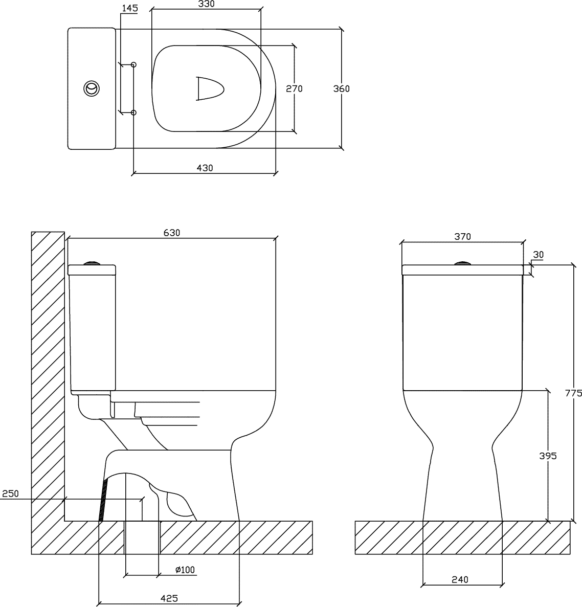 Diseño técnico - Inodoro largo con asiento cierre suave + Depósito (Vertex)
