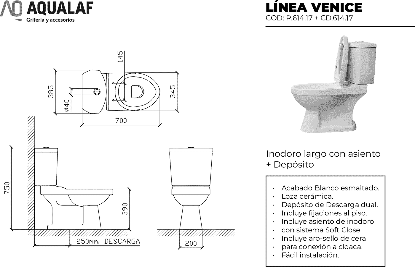 Diseño técnico - Inodoro largo con asiento + Depósito Venice