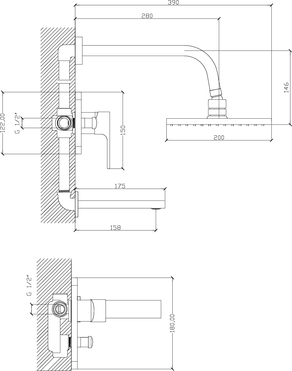 Diseño técnico - Ducha embutida con transferencia Sole