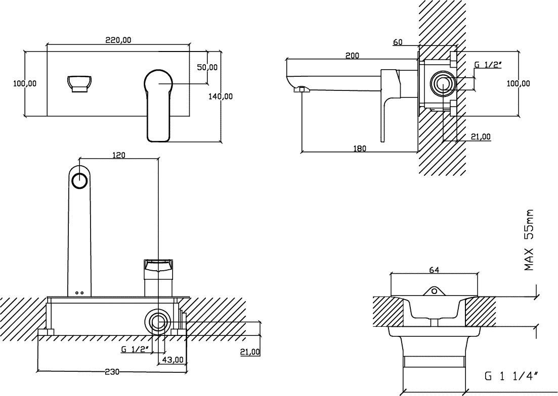 Diseño técnico - Lavatorio de pared Sole