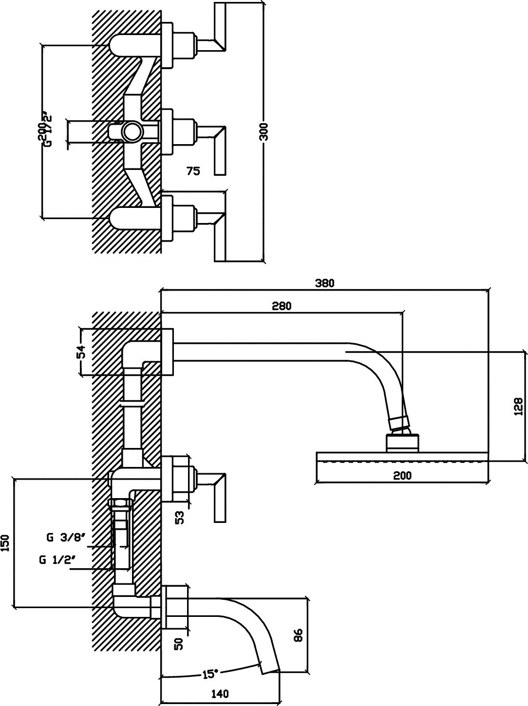 Diseño técnico - Ducha con transferencia Aukan lever
