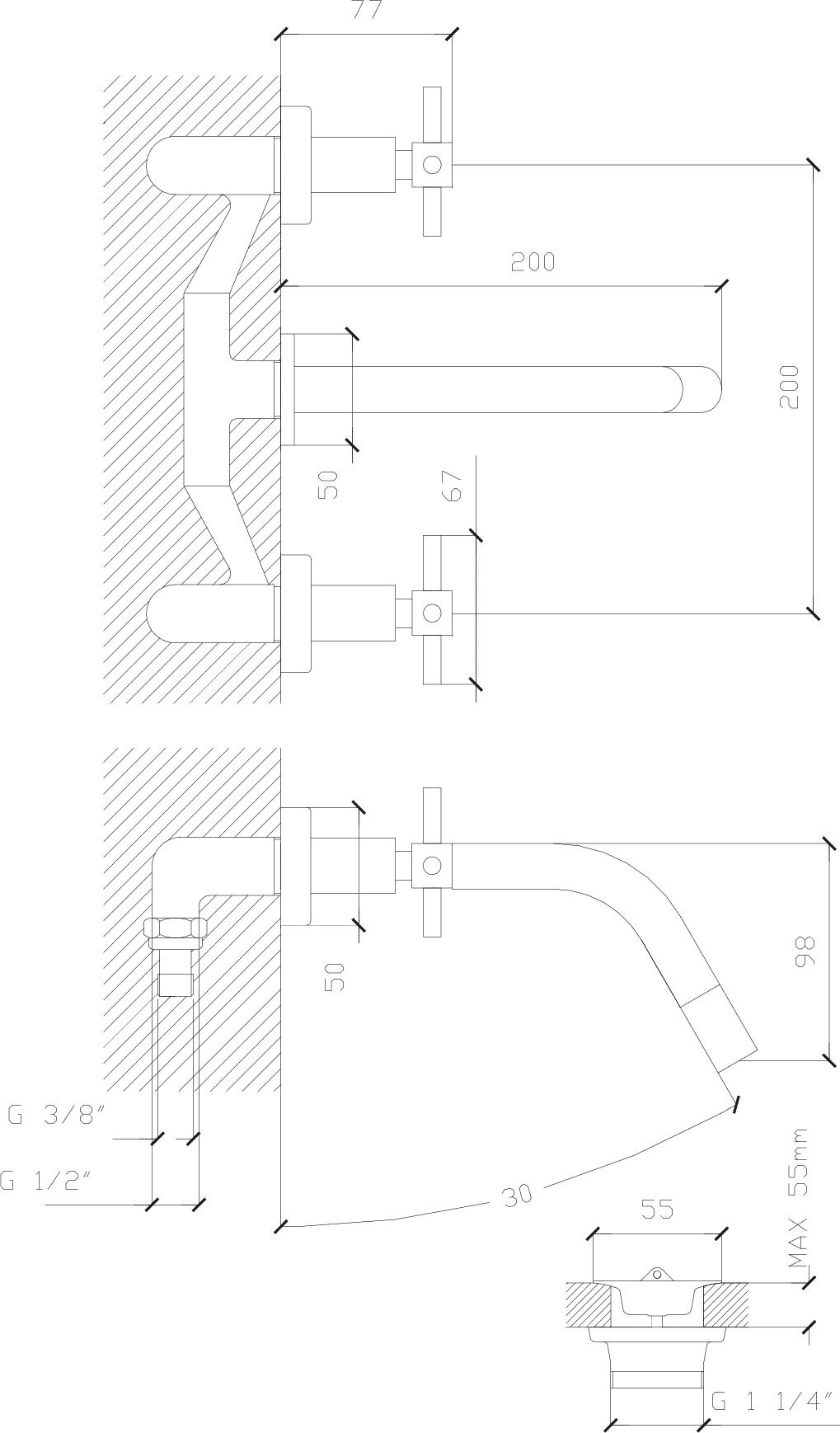 Diseño técnico - Lavatorio pared Aruma cruz plus