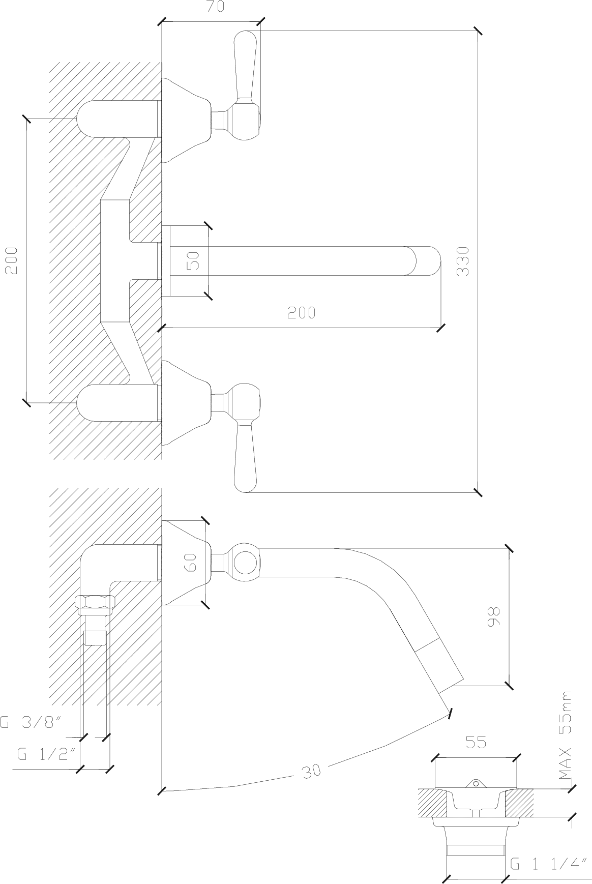 Diseño técnico - Lavatorio pared Itati lever