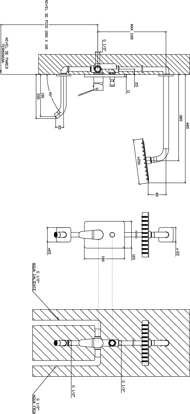 Diseño técnico - Ducha embutida con transferencia (Eleve)
