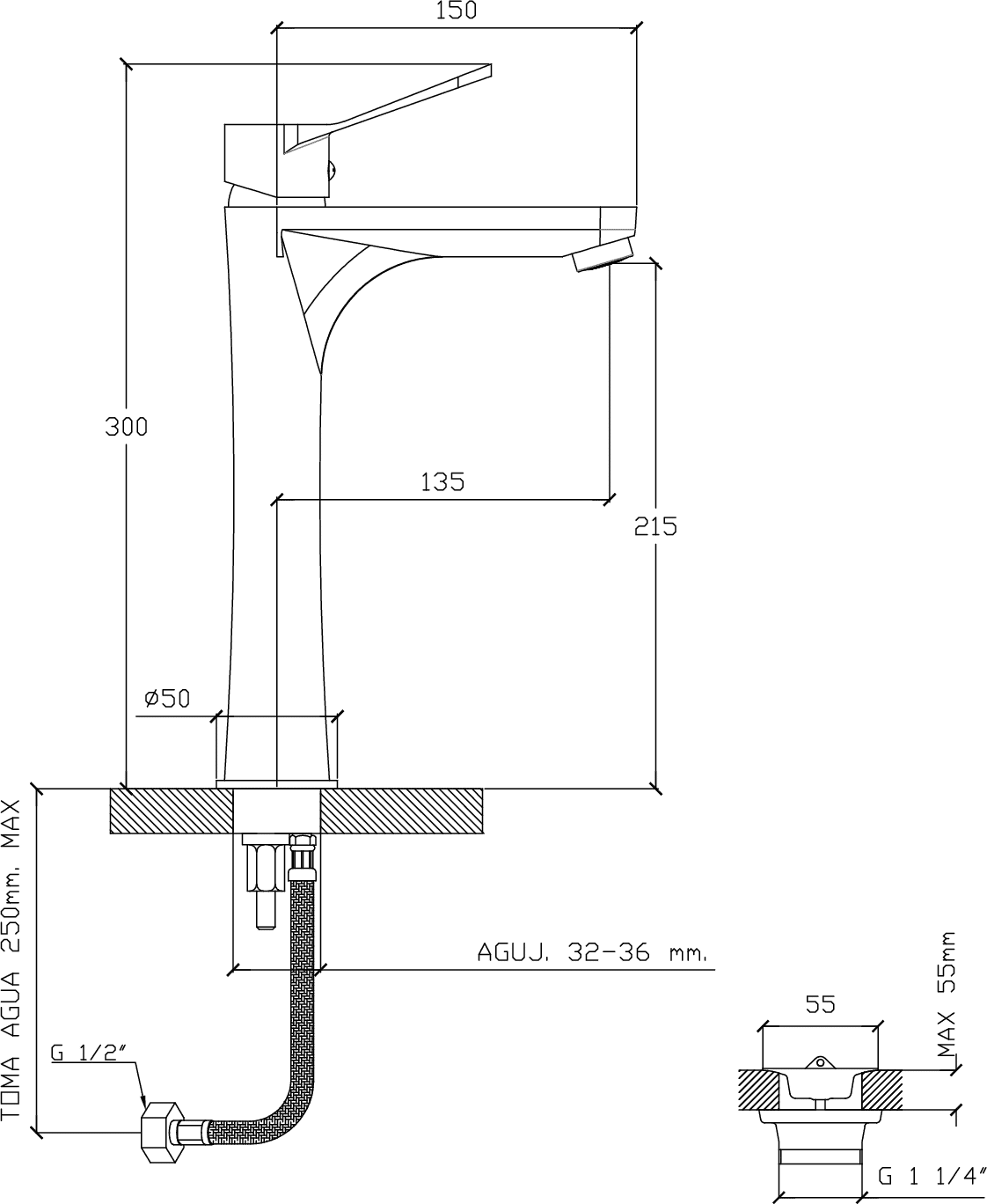 Diseño técnico - Lavatorio alto (Eleve)