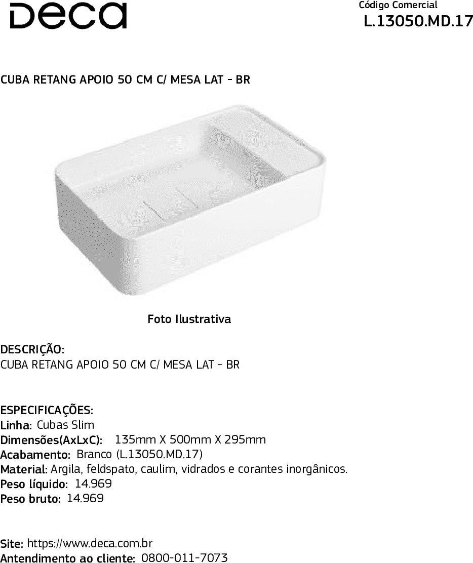 Diseño técnico - Bacha Deca de Apoyo L.13050.MD.17